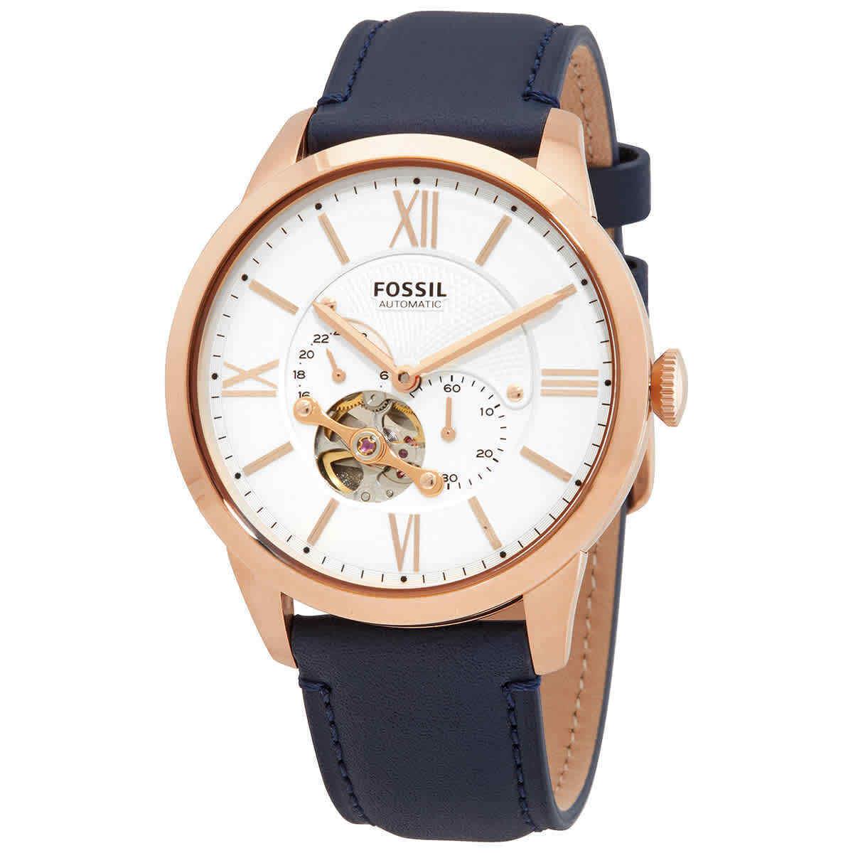 Fossil Townsman Auto Chronograph Automatic White Dial Men`s Watch ME3171 - Dial: White (Open Heart), Band: Blue, Bezel: Rose Gold-tone