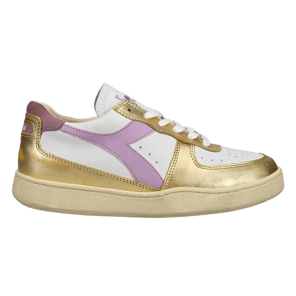 Diadora Mi Basket Low Metallic Dirty Lace Up Mens Gold White Sneakers Casual S