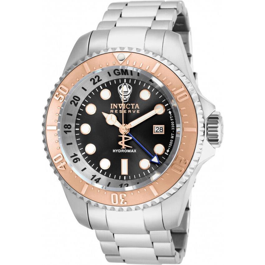 Invicta Men`s 16963 Reserve Hydromax SS Black Dial Swiss Quartz Watch - Dial: Black, Band: Silver, Bezel: Rose Gold/Silver