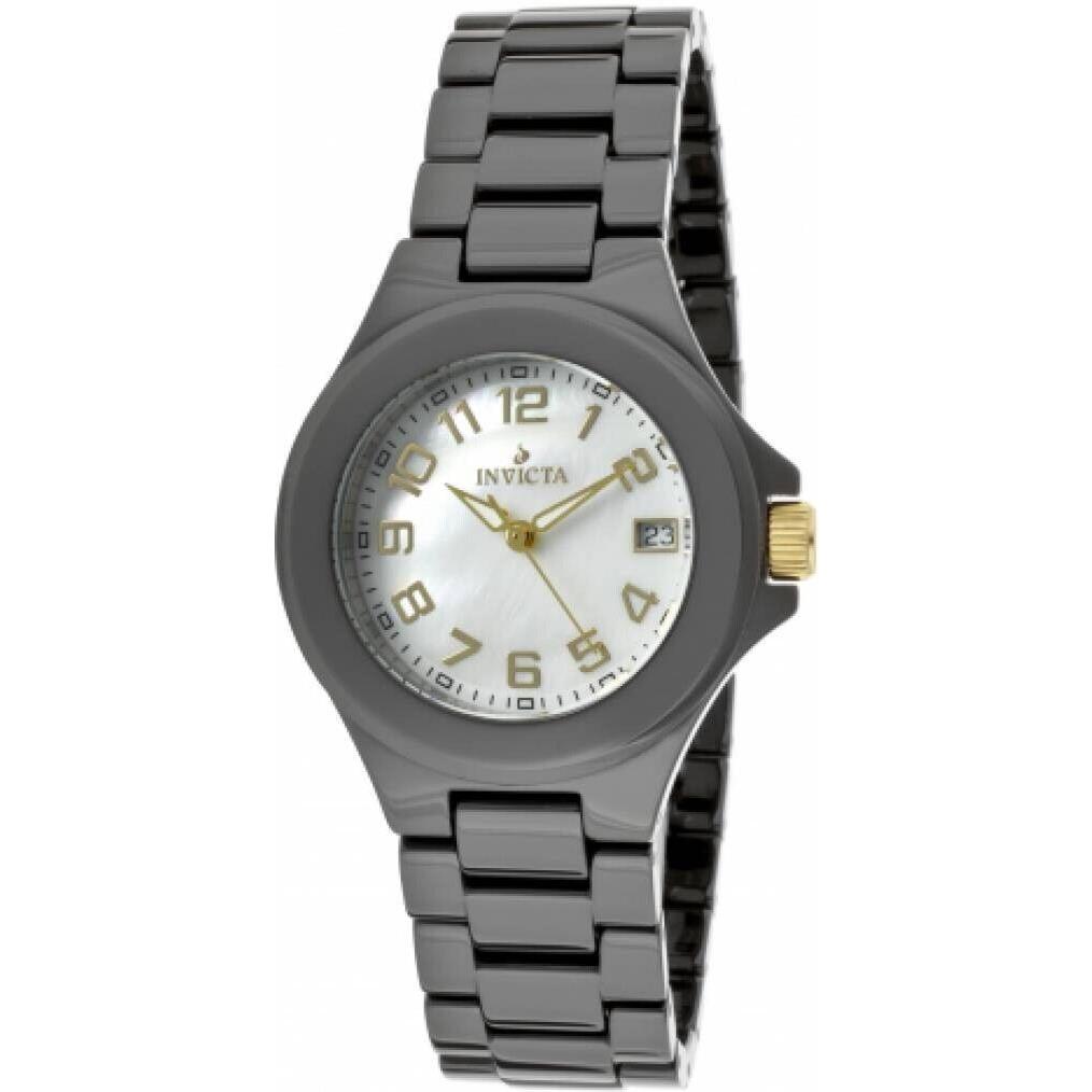 Invicta 12649 Women`s Ceramics Mop Dial Black Swiss Quartz 34mm Watch - Dial: White, Band: Black, Bezel: Black