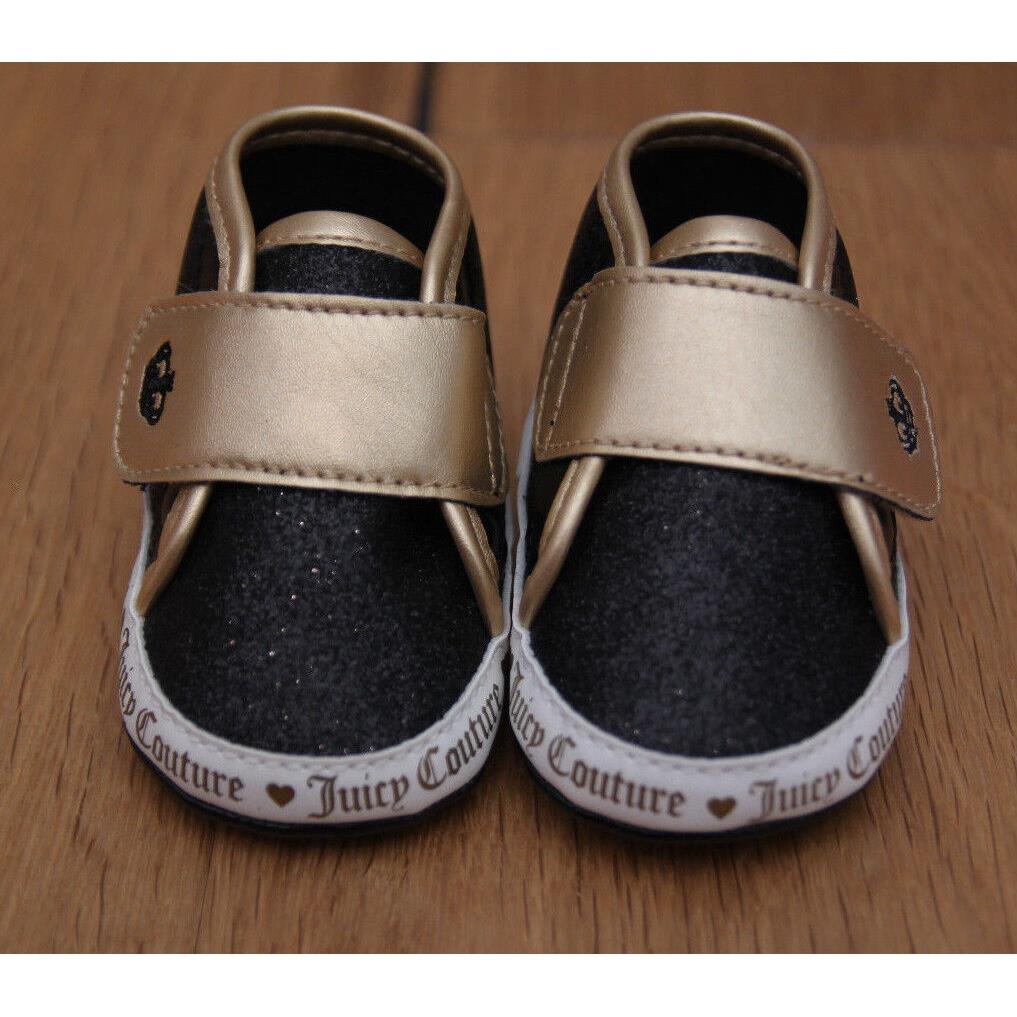 Juicy Couture Baby Girl Crib Shoes Santa Cruz Gold Metallic Black Glitter Sz 3