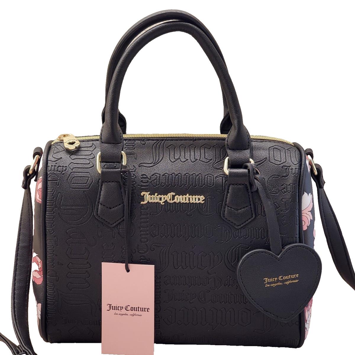 Juicy Couture Speedy Satchel Medium Crossbody Purse Black Floral Debossed Logo