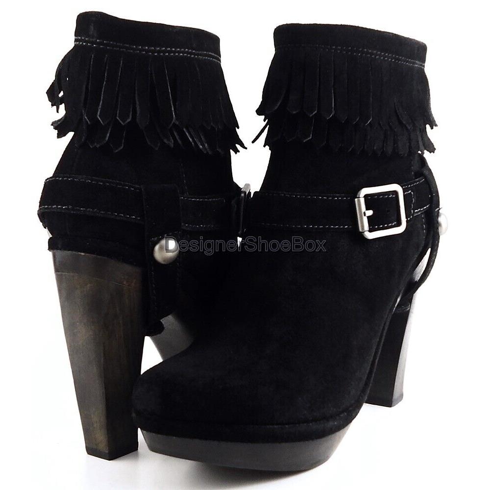 Juicy Couture Clancy Black Suede Fringe Designer Ankle Wooden Clog Boots 8