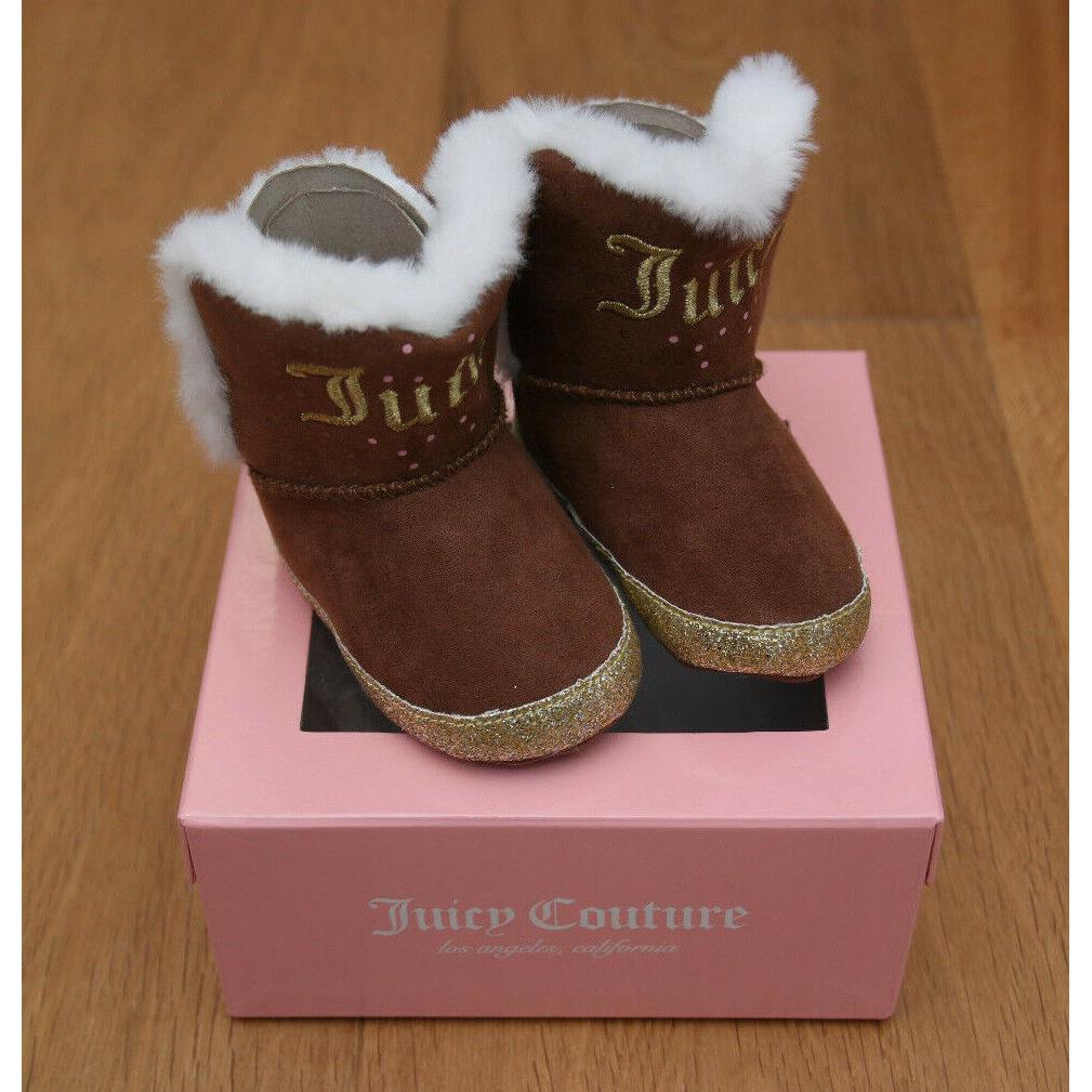 Juicy Couture Girl Baby Burbank Crib Shoes Brown White Gold-faux Fur Size 2