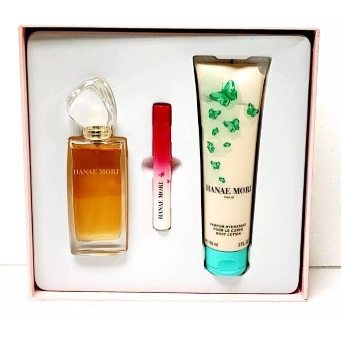 Hanae Mori Women Set 1.7 oz Edt Spray 0.33 Edt Rollerball 5 oz Body Lotion