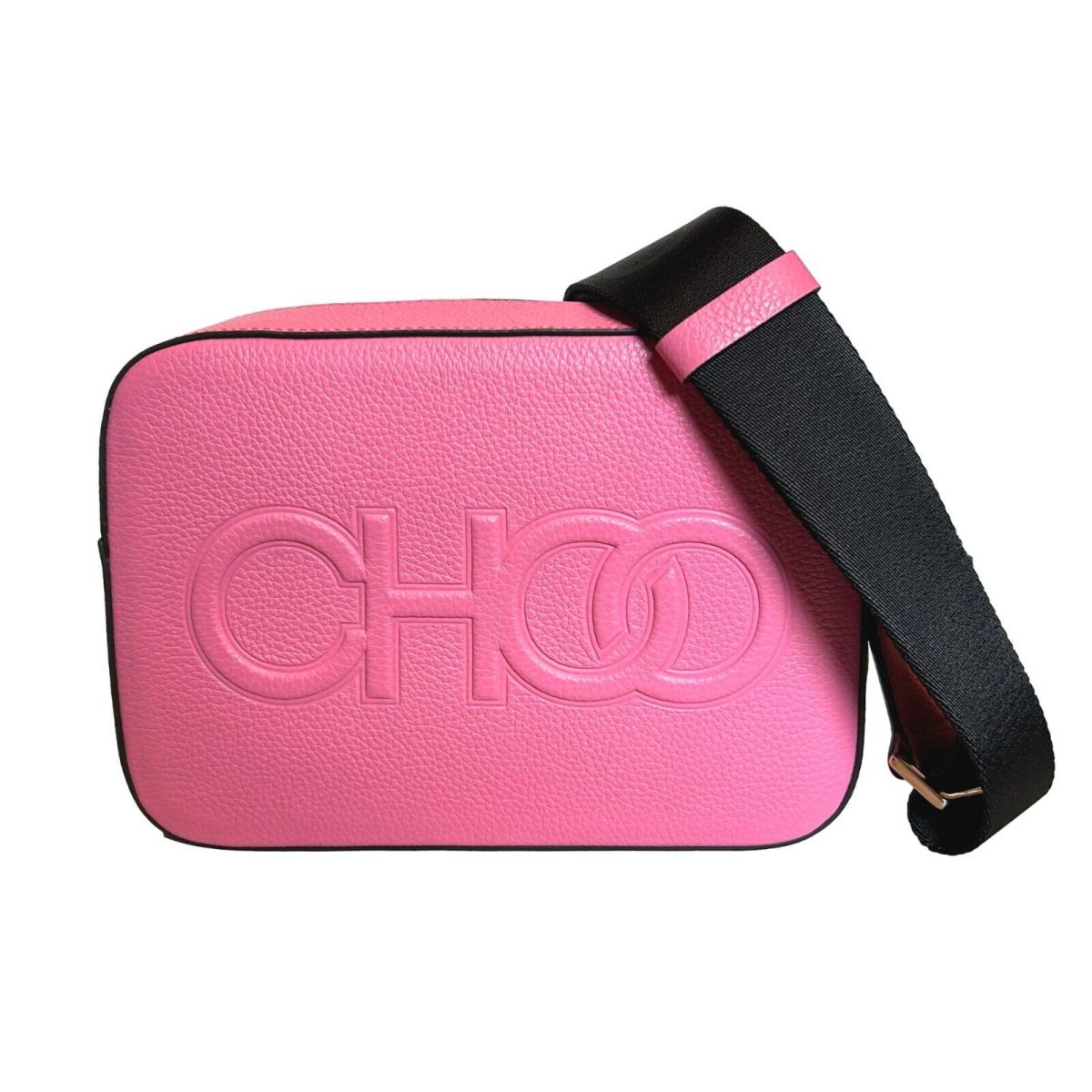 Jimmy Choo Logo Medium Camera Crossbody Bag Peony Pink Embossed Leather