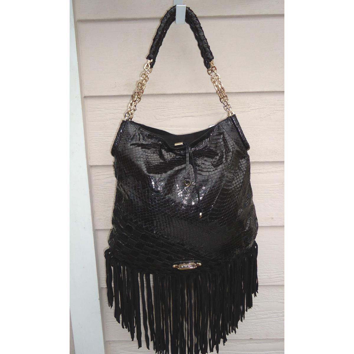 Jimmy Choo Tatum Shoulder Bag Black Snakeskin Fringe Chain Leather