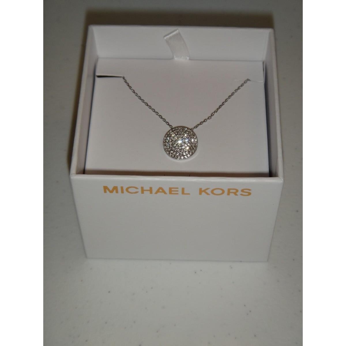 Michael Kors Silver Necklace Crystals Pave Disk Pendant MKJ4102040 + MK Box