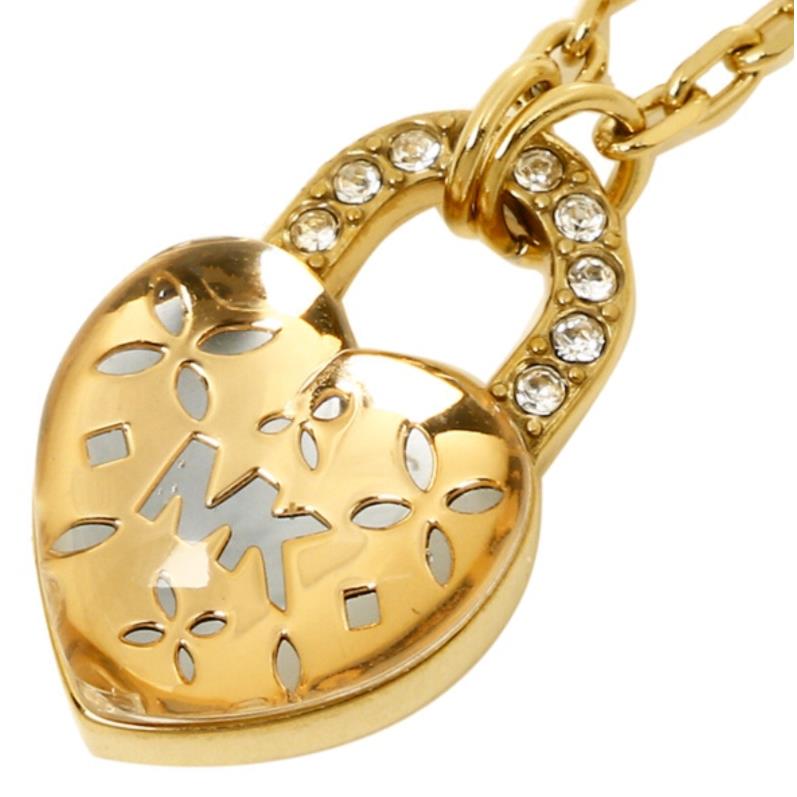 Michael Kors Yellow Gold Necklace MK Logo Heart MKJ7026710 Crystals +mk Gift Box