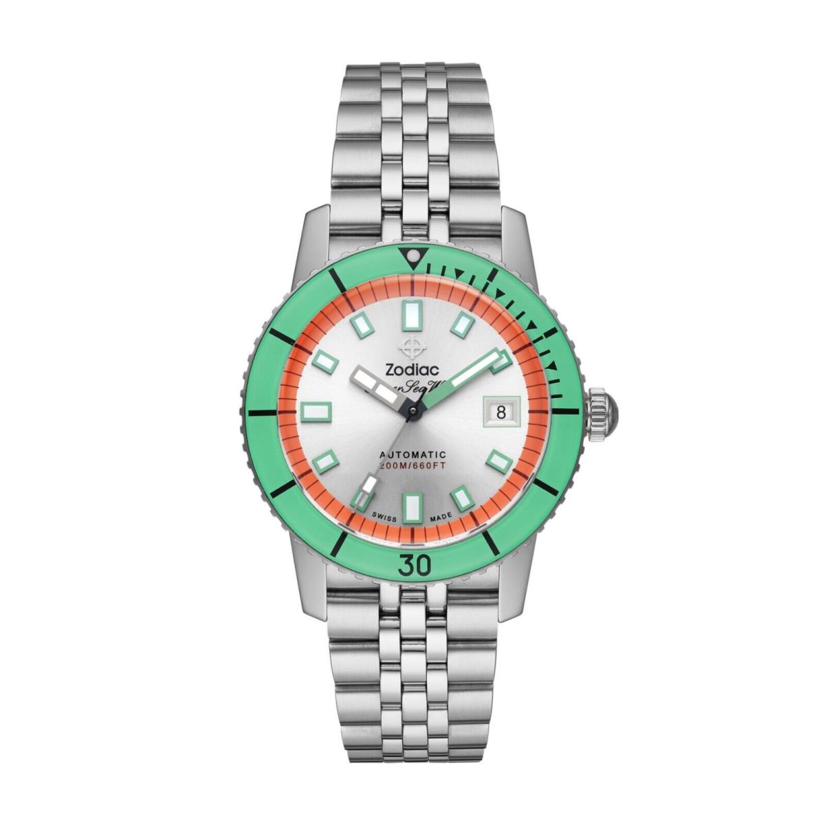 Zodiac Watermelon Super Sea Wolf Compression Diver Watch 40mm 200M WR ZO9269 - Dial: Silver, Band: Silver, Bezel: Silver