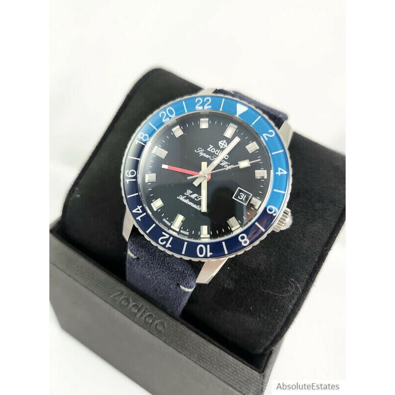 Zodiac Super Sea Wolf Automatic Gmt Silver Black Blue Watch ZO9413