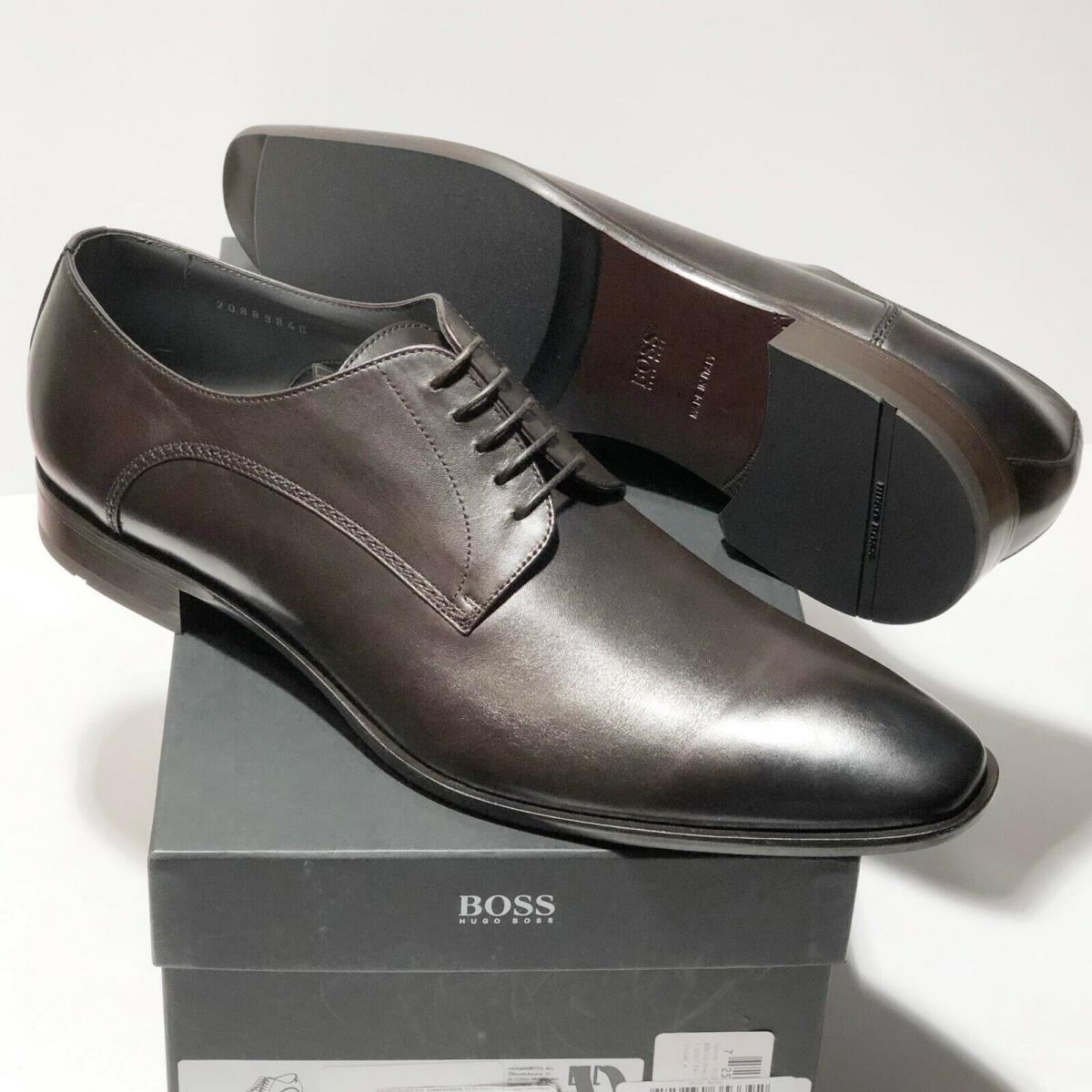 Hugo Boss Italy Derby Men`s Dark Brown Leather Formal Almond Toe Dress Oxford