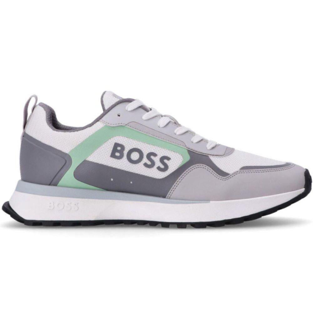 Hugo Boss Men Sneaker Jonah Big Logo Mesh Mix Lace Up White Pearl Grey