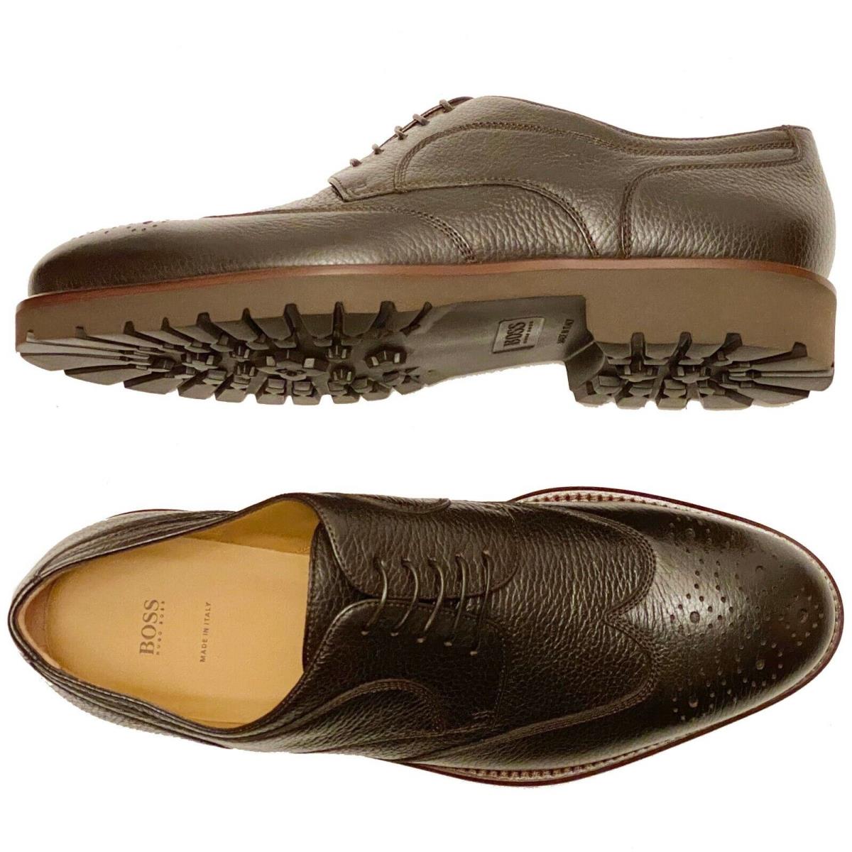 Hugo Boss Italy Pebbled Dark 8 41 Brown Mens Leather Wingtip Dress Derby Casual