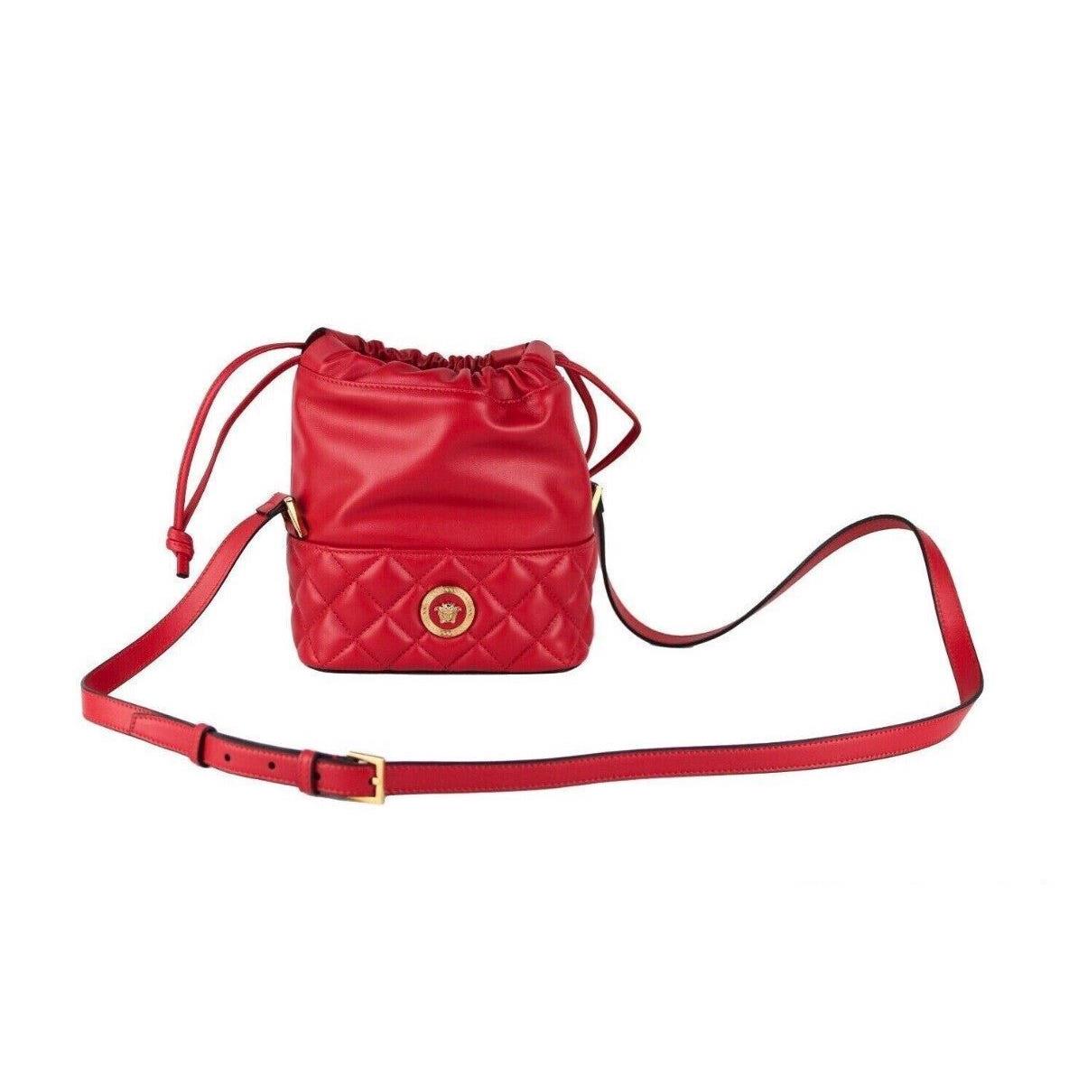 Versace Women Red Crossbody Bag Leather Quilted Drawstring Casual Bucket Handbag