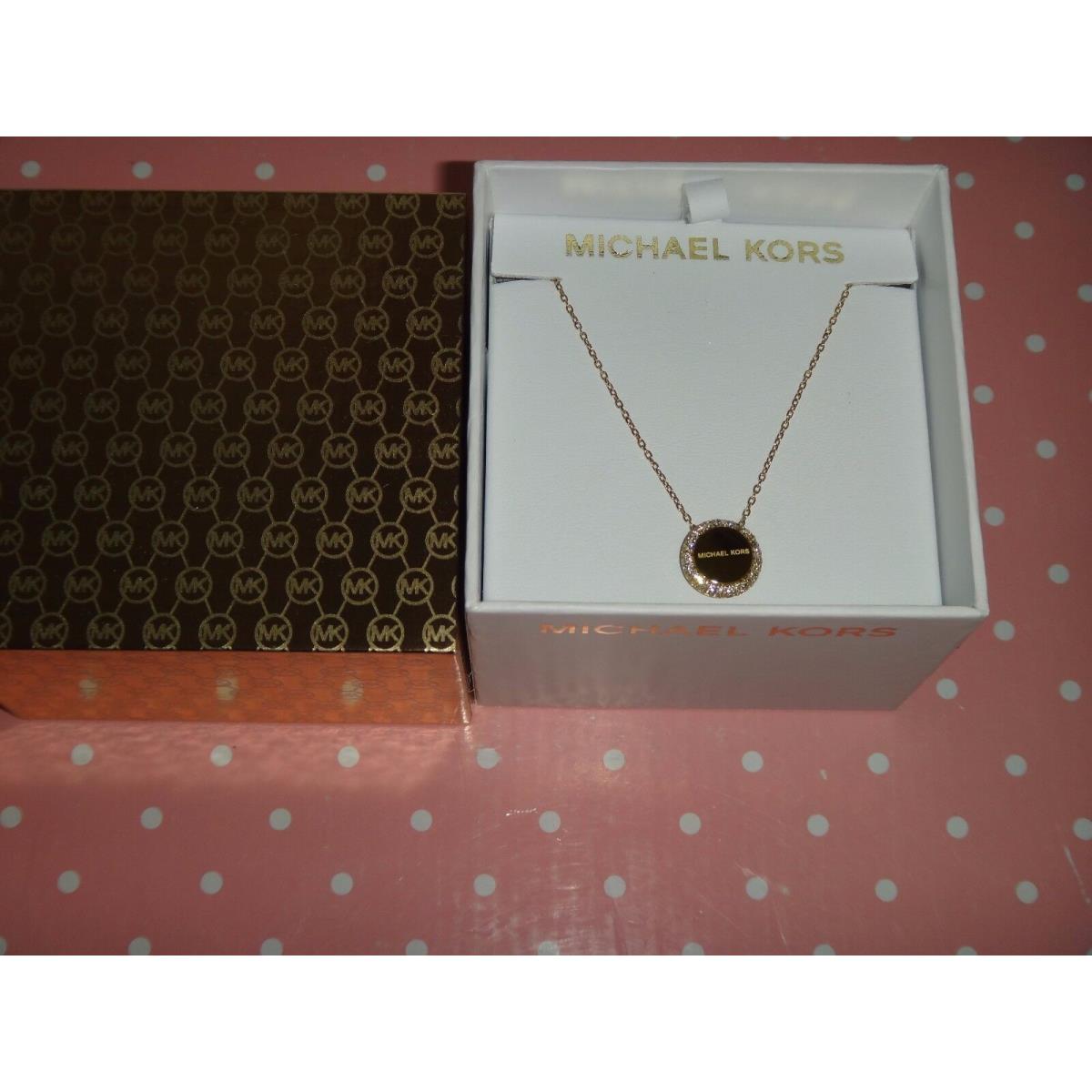 Michael Kors Brilliance Yellow Gold MK Logo Necklace Crystals MKJ6178710 +mk Box