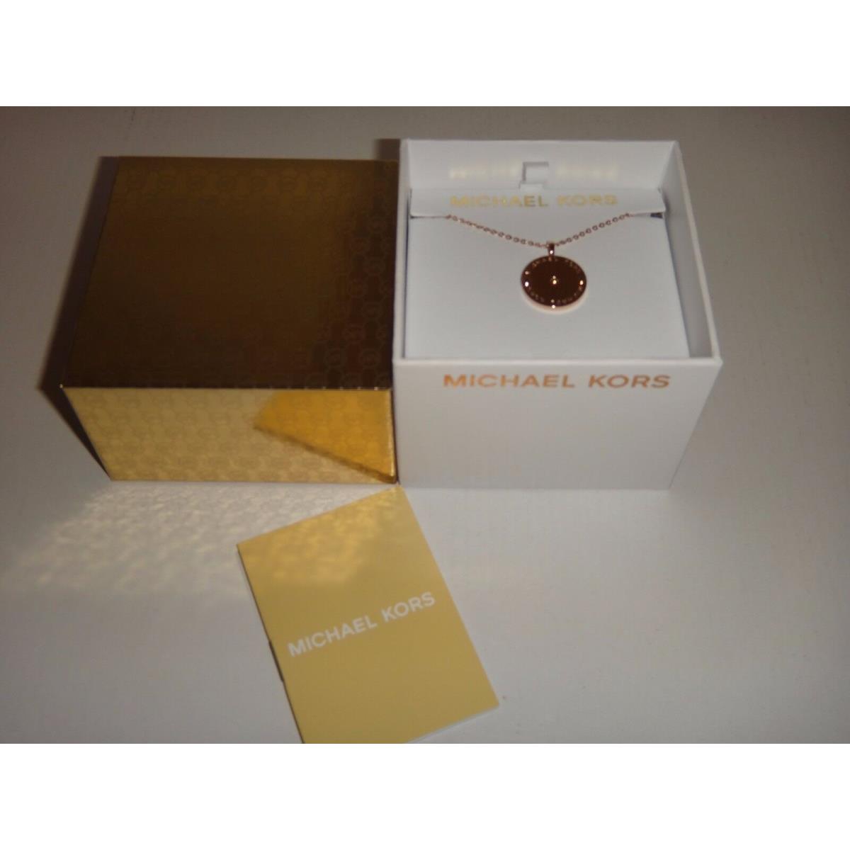 Michael Kors Womens Rose Gold MK Logo Disk Necklace Crystal Chip MKJ2656791 +box
