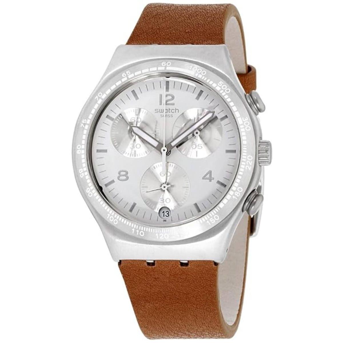 Swatch Men`s Watch Botillon Chronograph Silver Tone Dial Brown Strap YCS597