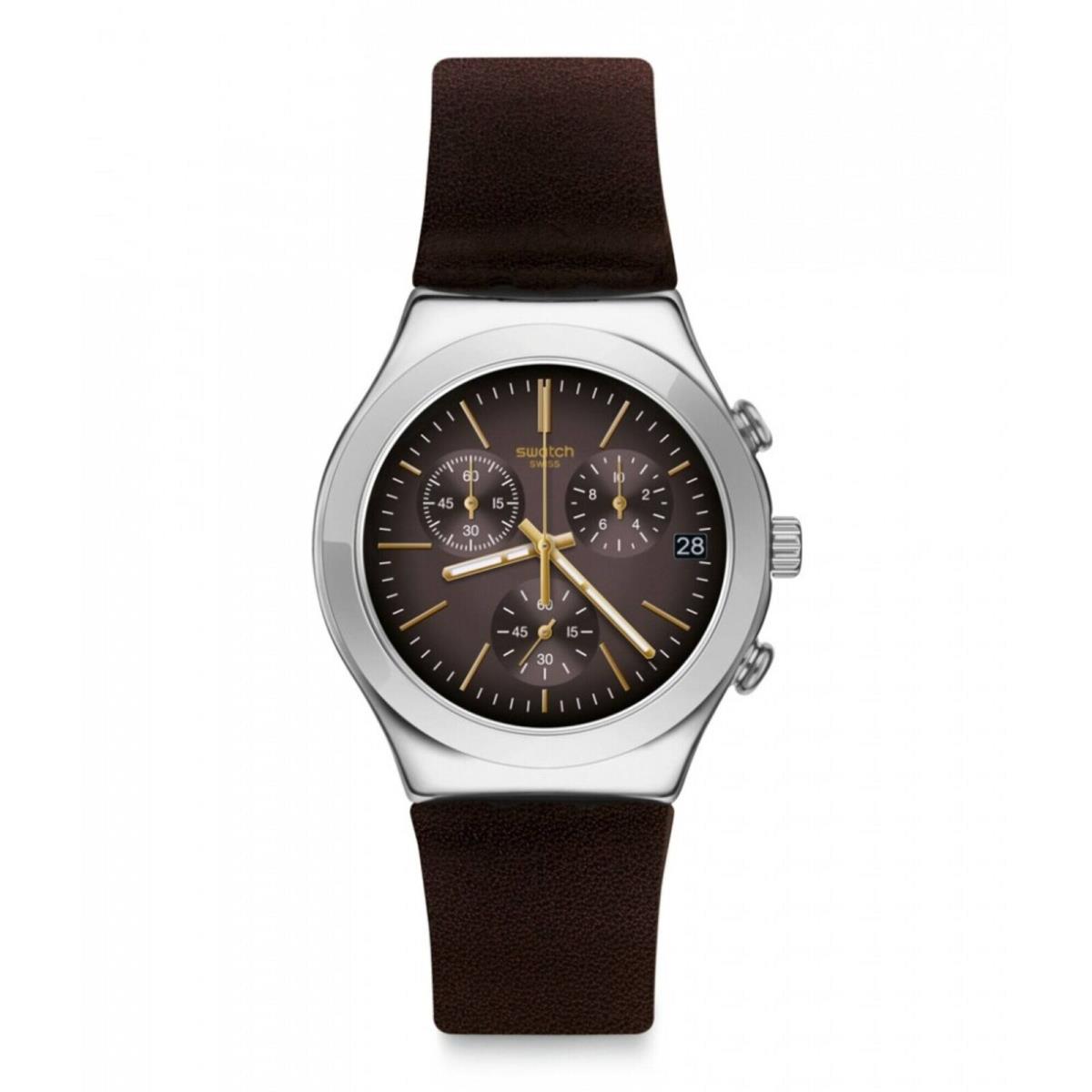 Swatch Men`s Watch Irony Brownflect Chronograph Brown Dial Leather Strap YCS600