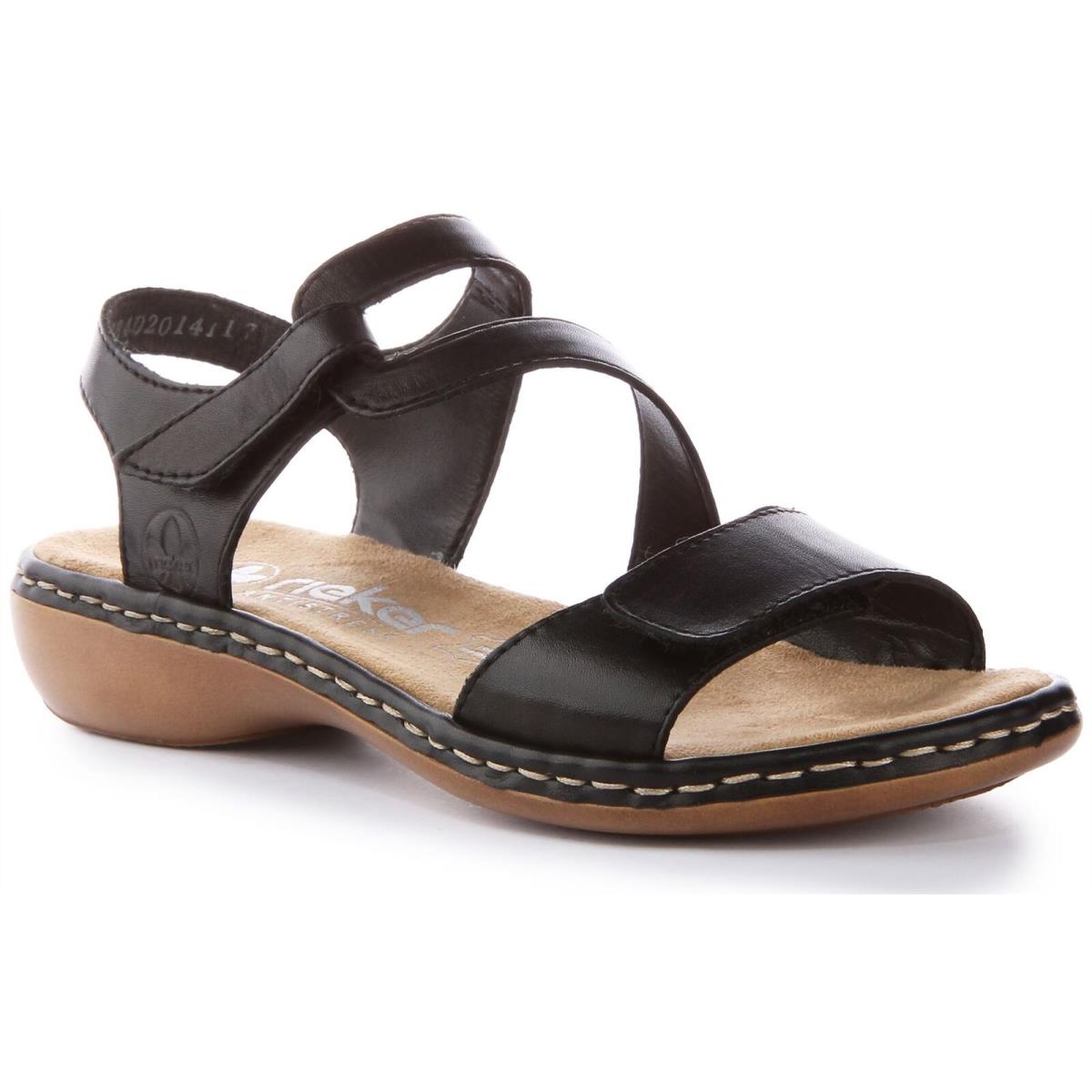 Rieker 659C7-00 Hook and Loop Open Toe Leather Womens Sandals Black US 4 - 9