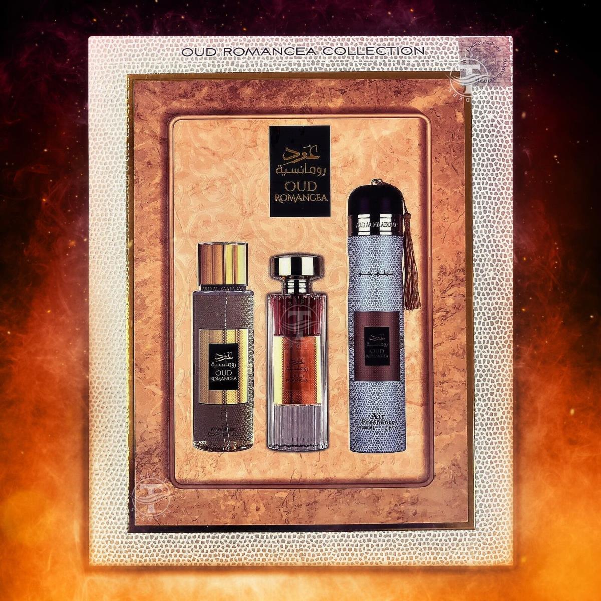 Lattafa Oud Romancea Collection 3-Piece Gift Set Eau De Parfum / Air Freshener / Mist