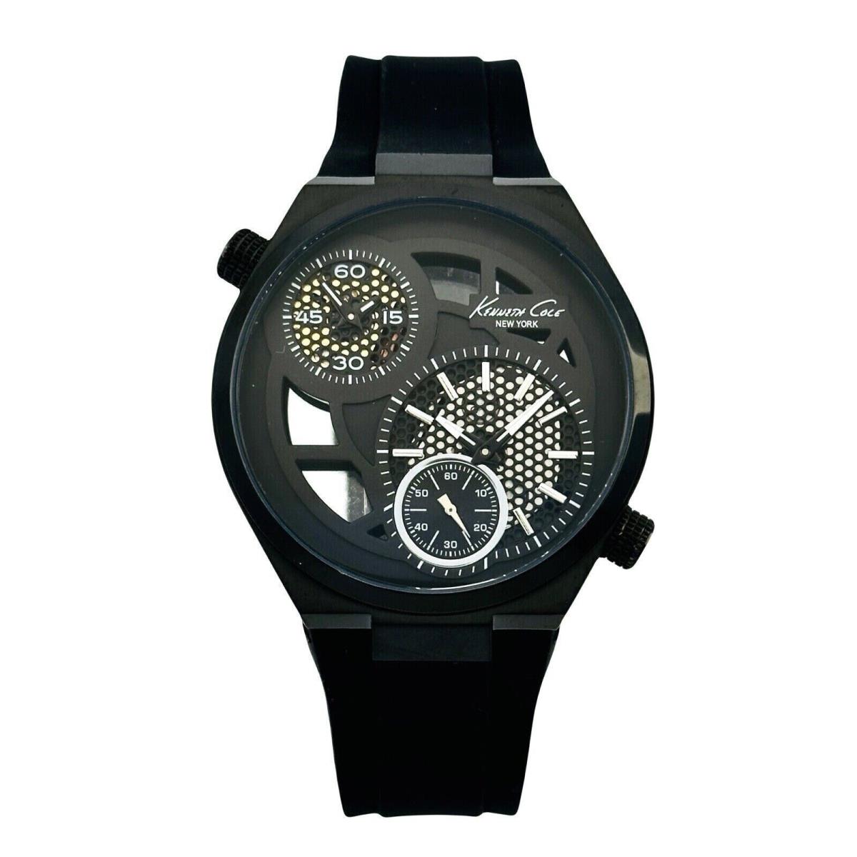 Kenneth Cole NY KC1680 Men s Dual Time Black Skeleton Black Rubber Strap Watch