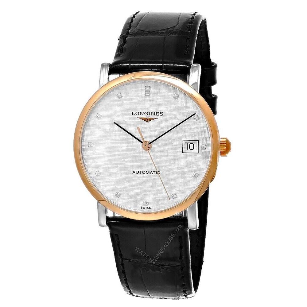 Longines Elegant Collection Automatic 18K RG 34.5mm Women`s Watch L4.809.5.77.0 - Dial: Silver, Band: Black, Silver, Bezel: Silver