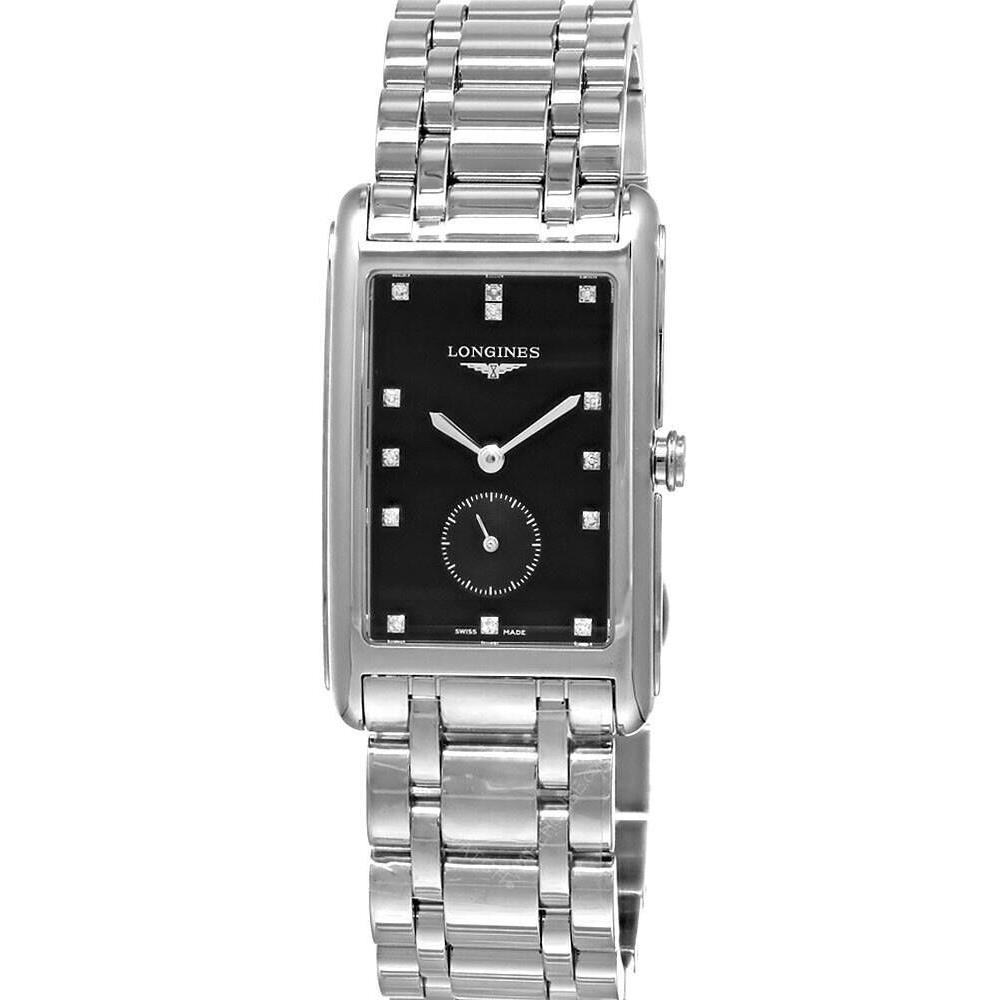 Longines Dolcevita Rect 13 Diamonds Womens Watch L5.755.4.57.6 - Dial: Black, Band: Silver, Bezel: Silver