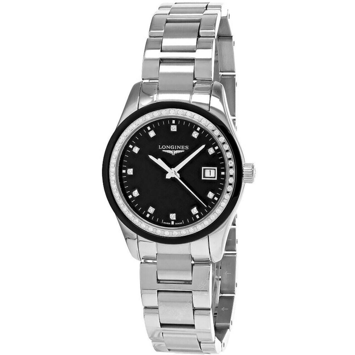 Longines Conquest Classic 36MM Black Dial Women`s Watch L2.387.0.57.6 - Dial: Black, Band: Silver, Bezel: Black, Inner bezel set with 45 diamonds (0.306 carats)