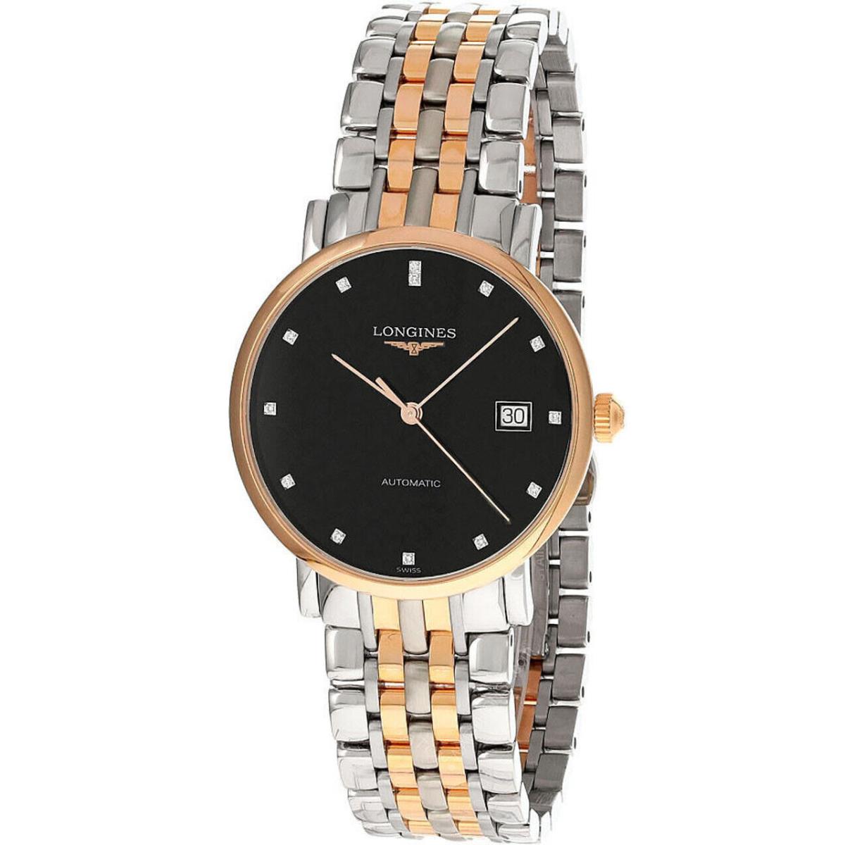 Longines Elegant Auto 37MM Black Dial Two-tone SS Unisex Watch L4.810.5.57.7 - Dial: Black, Band: stainless steel & plated 18kt rose gold, Bezel: Rose Gold