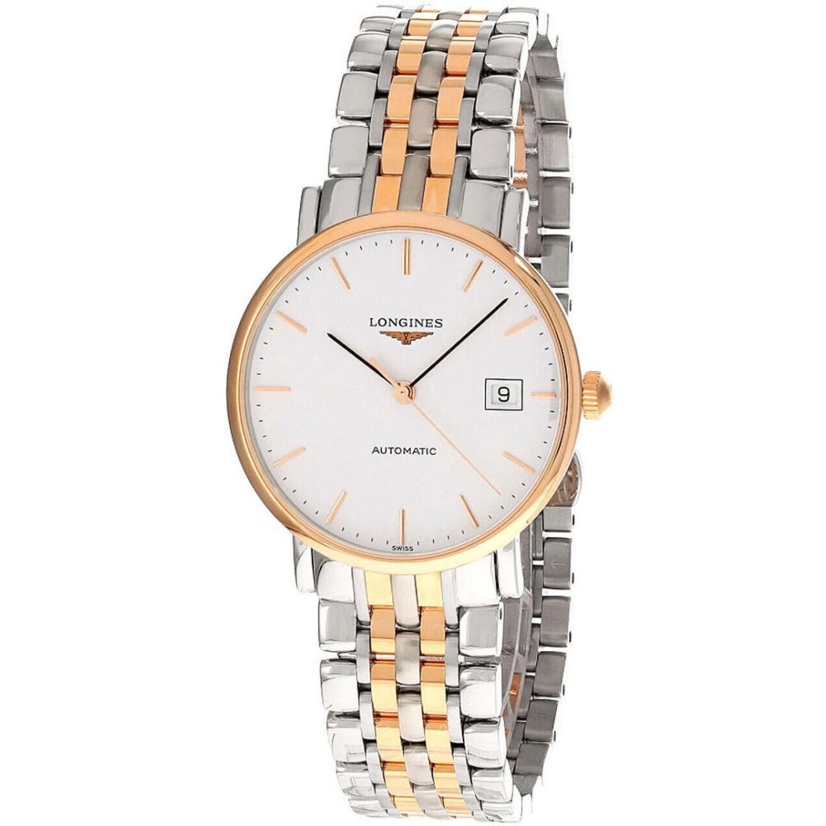 Longines Elegant Auto 37MM White Dial Two-tone SS Unisex Watch L4.810.5.12.7 - Dial: White, Band: stainless steel & plated 18kt rose gold, Bezel: Rose Gold