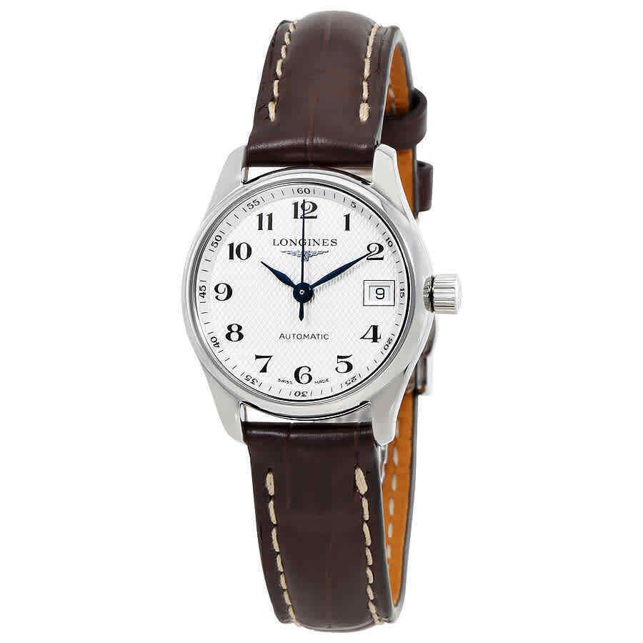 Longines Master Collection Date Automatic Ladies Watch L21284783 - Dial: Silver, Band: Brown, Bezel: Silver