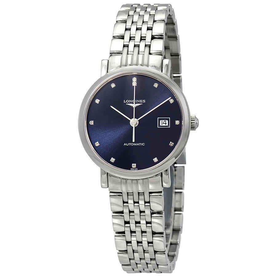 Longines Elegant Automatic Diamond Blue Dial Ladies Watch L4.310.4.97.6 - Dial: Blue, Band: Silver, Bezel: Silver