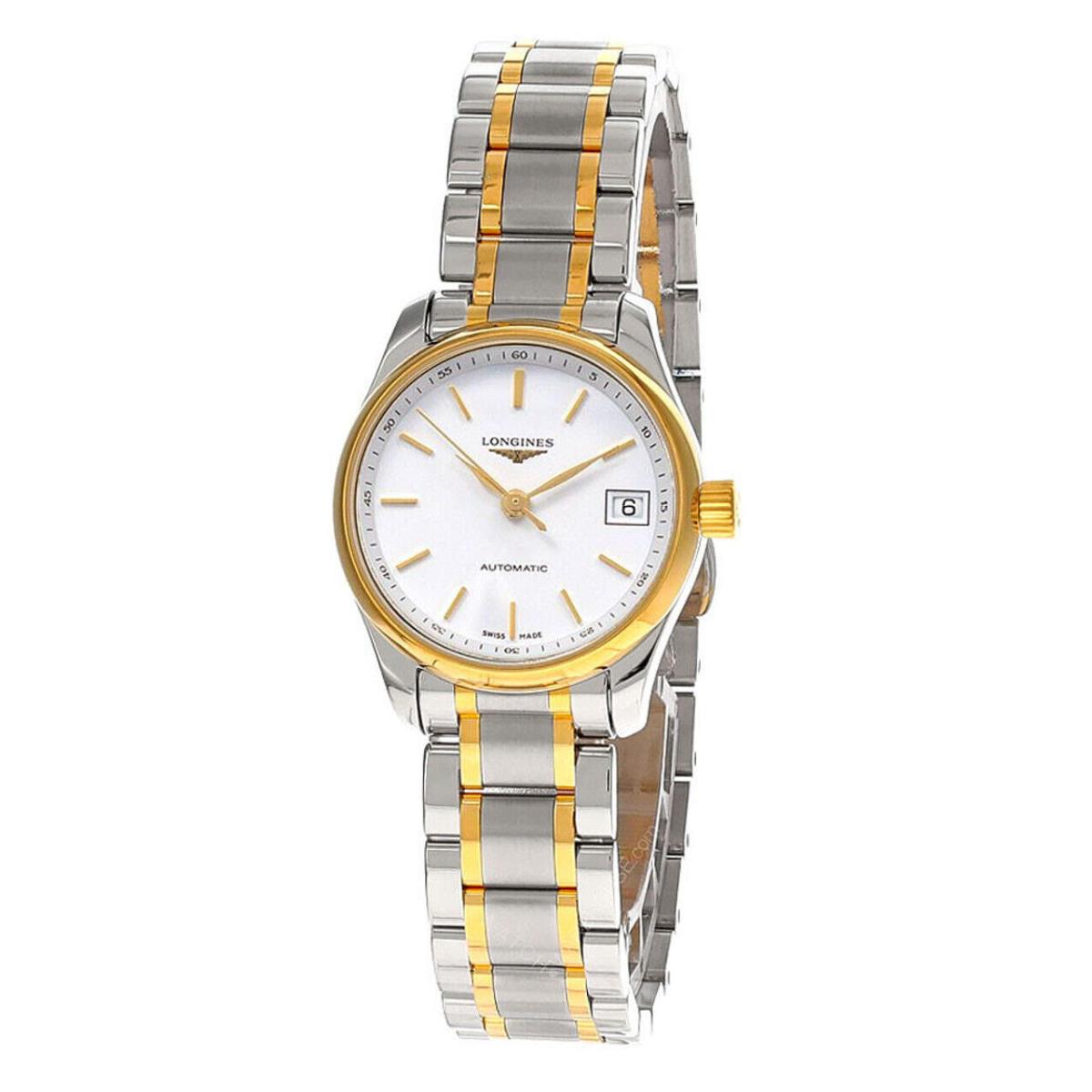 Longines Master 25.5MM Auto Two-tone SS Women`s Watch L2.128.5.12.7 - Dial: White, Band: 18K Yellow gold, Bezel: Yellow gold