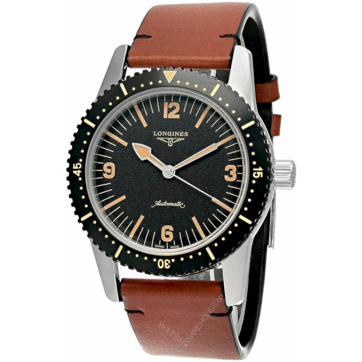 Longines Heritage Skin Diver 42MM Auto Blk Dial Lthr Men`s Watch L28224562 - Dial: Black, Band: Brown, Bezel: Silver