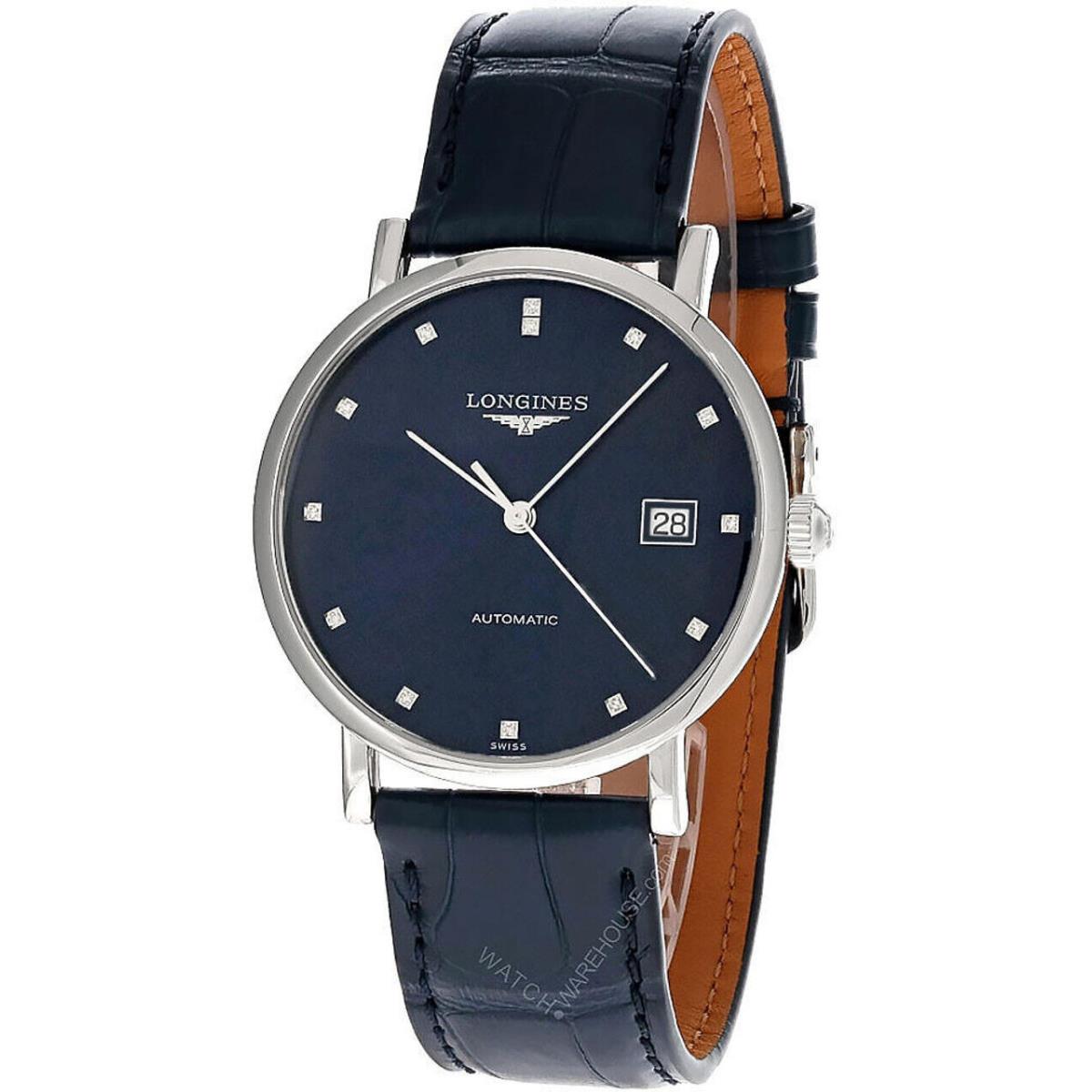 Longines Elegant Auto 37MM Blue Dial Leather Men`s Watch L4.810.4.97.2 - Dial: Blue, Band: Blue, Bezel: Silver