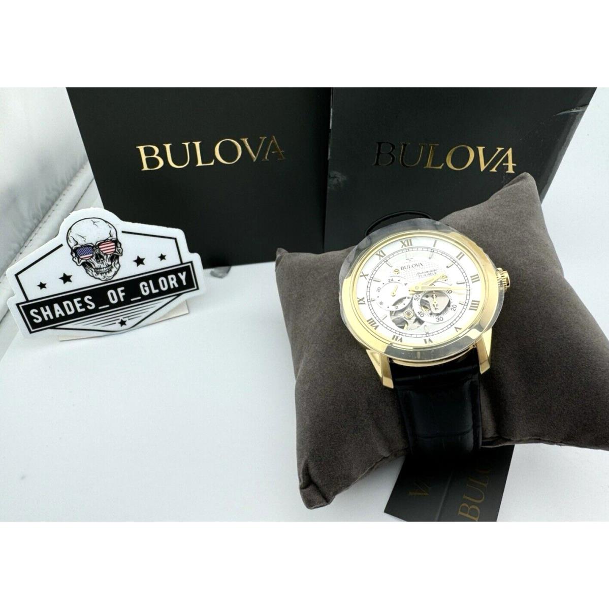 Bulova Sutton Gold Stainless Automatic 4-HAND Watch Open Heart Leather 42MM