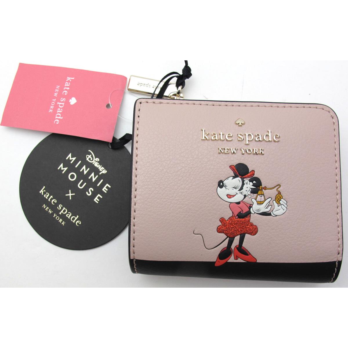 New Kate Spade x Disney Minnie Lzip Bifold Leather Wallet Pale Vellum Light Pink