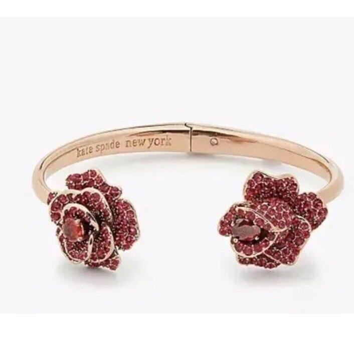 Kate Spade 3D Red Rose Scarlett Blooms Pave Hinge Cuff Bracelet with Dust Bag