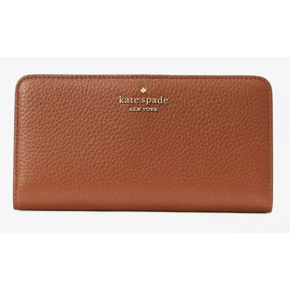 New Kate Spade Dumpling Pebbled Leather Womens Large Slim Bifold Wallet Brown