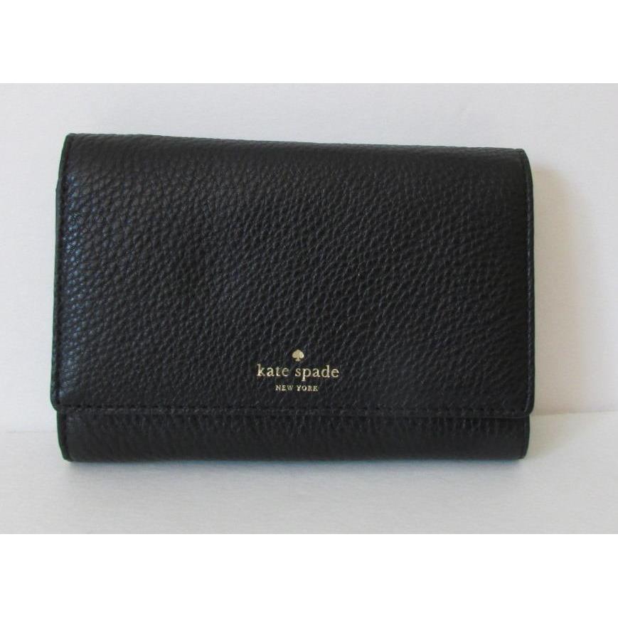 Kate Spade Callie Black Wallet Tumbled Leather Zipper Small Flap Logo Grey