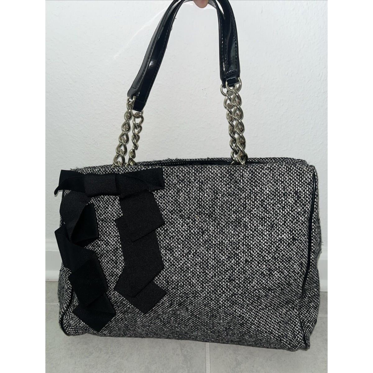 Kate Spade Tweed Gray Black Patent Leather Chain Link Shoulder Tote Retail