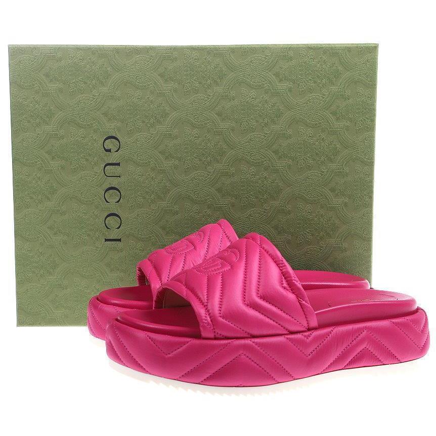 Gucci GG Marmont Fuchsia Leather Nylon Platform Slide Sandals Shoes 41/11