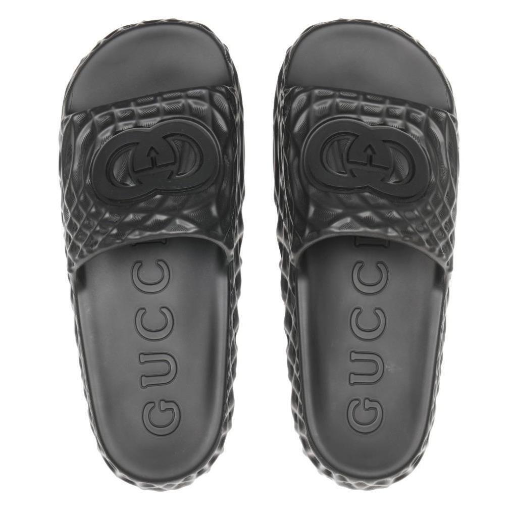 Gucci Black Rubber Interlocking Slides Sandals Shoes 8/US 8.5