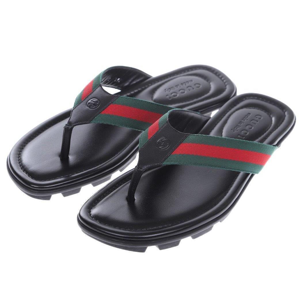 Gucci Men`s Black Leather Web Logo Thong Sandals Shoes 5/US 5.5