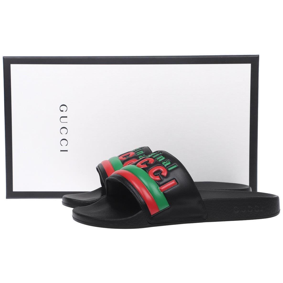 Gucci Men`s Black Leather Logo Rubber Slide Sandals Shoes 7/US 7.5