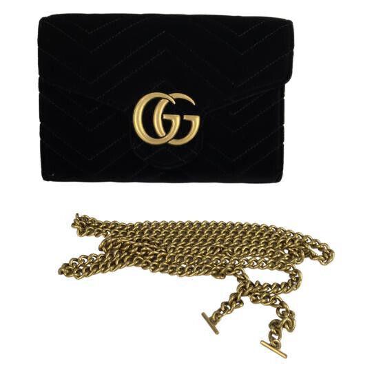 Gucci Women`s Black Velvet Matelasse GG Marmont Chain Wallet Crossbody Bag Sz S