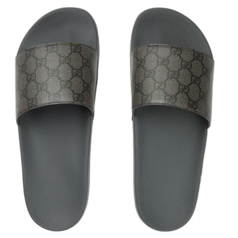 Gucci Men`s GG Supreme Black Gray Slide Sandal`s Rubber Shoes 6 / US 6.5