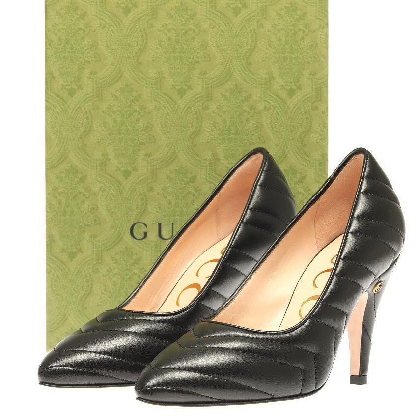 Gucci Luxury Black Chevron Leather Heels Pumps Shoes 36/US 6