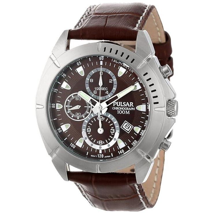 Pulsar Men`s PF8303 Stainless Steel Chronograph Watch with Leather Band